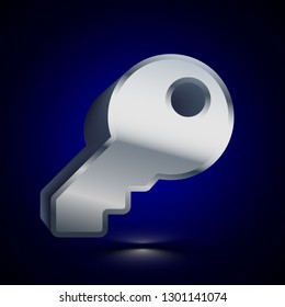 3D stylized Key icon. Glossy silver vector icon. Isolated volumetric symbol illustration on dark background with shadow.