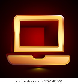 3D stylized Laptop icon. Glossy golden vector icon. Isolated volumetric symbol illustration on dark background with shadow.