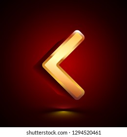 3D stylized Less Than icon. Glossy golden vector icon. Isolated volumetric symbol illustration on dark background with shadow.
