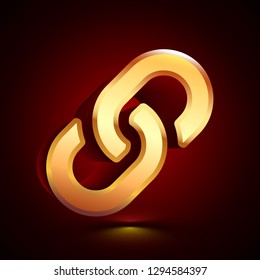 3D stylized Link icon. Glossy golden vector icon. Isolated volumetric symbol illustration on dark background with shadow.