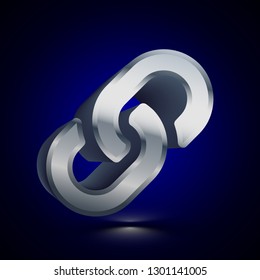 3D stylized Link icon. Glossy silver vector icon. Isolated volumetric symbol illustration on dark background with shadow.