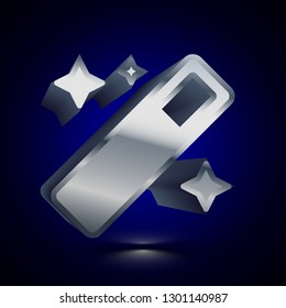 3D stylized Magic Wand icon. Glossy silver vector icon. Isolated volumetric symbol illustration on dark background with shadow.