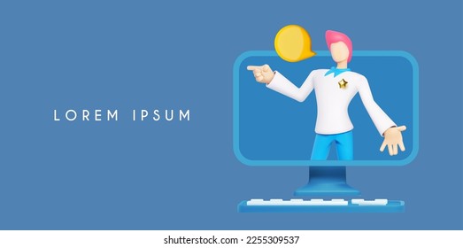 3D stylized man peeking out of the monitor with speech bubble and showing something. Inviting gesture.