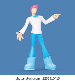 Hombre estilizado en 3D mostrando algo. Gesto de invitación.