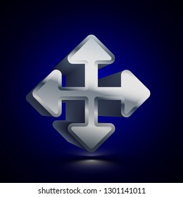 3D stylized Move Tool icon. Glossy silver vector icon. Isolated volumetric symbol illustration on dark background with shadow.