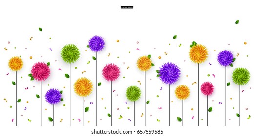 3D stylized multicolored flowers with leaves on a white background. Abstract floral origami pattern. Paper style. Element for festive design. Vector illustration