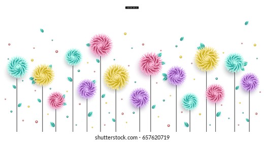 3D stylized multicolored flowers with leaves on a white background. Abstract floral origami pattern. Paper style. Element for festive design. Vector illustration