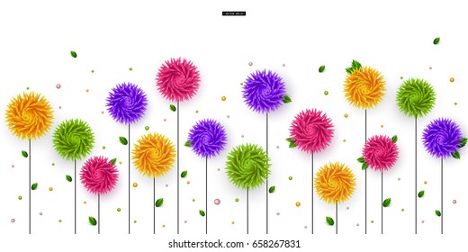 3D stylized multicolored flowers with leaves on a white background. Abstract floral origami pattern. Paper style. Element for festive design. Vector illustration