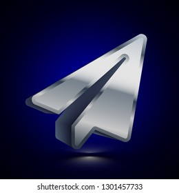 3D stylized Paper Plane icon. Glossy silver vector icon. Isolated volumetric symbol illustration on dark background with shadow.