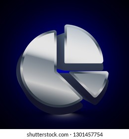 3D stylized Pie Chart icon. Glossy silver vector icon. Isolated volumetric symbol illustration on dark background with shadow.