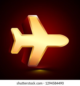 3D stylized Plane icon. Glossy golden vector icon. Isolated volumetric symbol illustration on dark background with shadow.