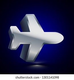 3D stylized Plane icon. Glossy silver vector icon. Isolated volumetric symbol illustration on dark background with shadow.