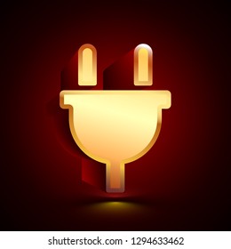 3D stylized Plug icon. Glossy golden vector icon. Isolated volumetric symbol illustration on dark background with shadow.