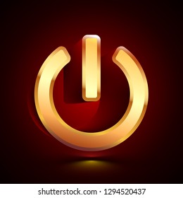 3D stylized Power Button icon. Glossy golden vector icon. Isolated volumetric symbol illustration on dark background with shadow.