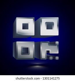 3D stylized QR-code icon. Glossy silver vector icon. Isolated volumetric symbol illustration on dark background with shadow.