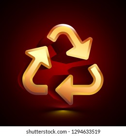 3D stylized Recycle icon. Glossy golden vector icon. Isolated volumetric symbol illustration on dark background with shadow.