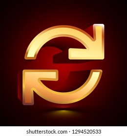 3D stylized Refresh icon. Glossy golden vector icon. Isolated volumetric symbol illustration on dark background with shadow.