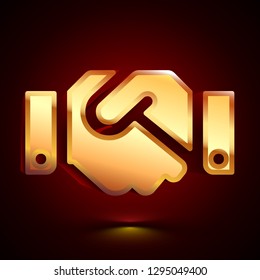 3D stylized Shake Hands icon. Glossy golden vector icon. Isolated volumetric symbol illustration on dark background with shadow.