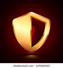 3D stylized Shield icon. Glossy golden vector icon. Isolated volumetric symbol illustration on dark background with shadow.