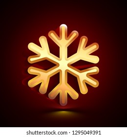 3D stylized Snowflake icon. Glossy golden vector icon. Isolated volumetric symbol illustration on dark background with shadow.