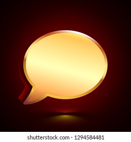 3D stylized Speech Bubble icon. Glossy golden vector icon. Isolated volumetric symbol illustration on dark background with shadow.
