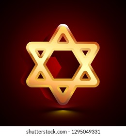 3D stylized Star of David icon. Glossy golden vector icon. Isolated volumetric symbol illustration on dark background with shadow.