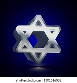 3D stylized Star of David icon. Glossy silver vector icon. Isolated volumetric symbol illustration on dark background with shadow.