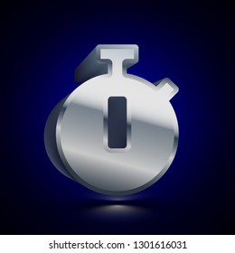 3D stylized Stopwatch icon. Glossy silver vector icon. Isolated volumetric symbol illustration on dark background with shadow.