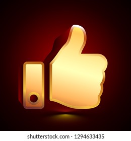 3D stylized Thumb Up icon. Glossy golden vector icon. Isolated volumetric symbol illustration on dark background with shadow.