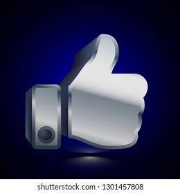 3D stylized Thumb Up icon. Glossy silver vector icon. Isolated volumetric symbol illustration on dark background with shadow.