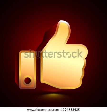 3D stylized Thumb Up icon. Glossy golden vector icon. Isolated volumetric symbol illustration on dark background with shadow.