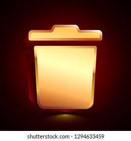 3D stylized Trash Bin icon. Glossy golden vector icon. Isolated volumetric symbol illustration on dark background with shadow.