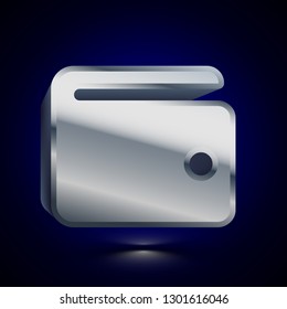 3D stylized Wallet icon. Glossy silver vector icon. Isolated volumetric symbol illustration on dark background with shadow.
