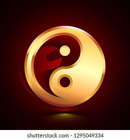 3D stylized Yin Yang icon. Glossy golden vector icon. Isolated volumetric symbol illustration on dark background with shadow.