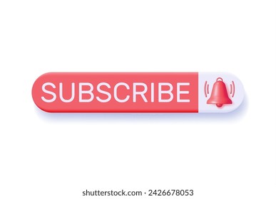 3D Subscribe Bar with Bell Button Isolated. Render Subscription Icon with Handbell. Subscribe to Channel Vlog or Blog. Social Media and Marketing Concept. Vector Illustration