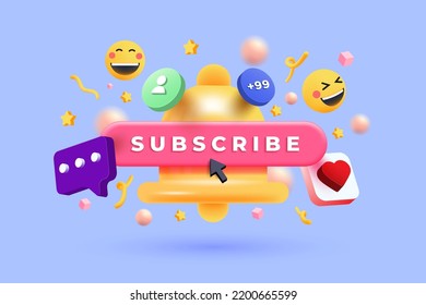 3D Subscribe bell notification with confetti. Congratulations on new social media followers. New subscriber in social network. Cartoon creative design icon isolated on purple background. 3D Vector