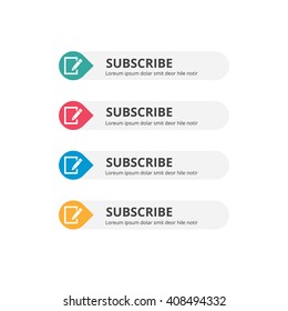 3d Subscribe Button set with icon. beautiful text button with icon. Orange Button, Blue Button, Red Button, Turquoise button. Call to action icon button. Flat Button Set. Vector Illustration