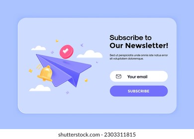 3D Subscribe to newsletter banner template with cartoon paper airplane. Email business marketing concept. Subscription to news and promotions. Registration form. Web button mockup. 3D Vector