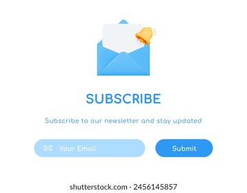 3D Subscribe to our newsletter banner template. Subscription to news, offer and promotions. Open letter in envelope with notification bell. Send by mail. Social media marketing. 3D Vector illustration