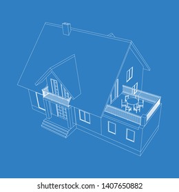 3D suburban house model. Drawing of the modern building. Cottage isolated on blue background. Interesting vector blueprint. Top view.