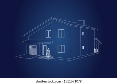 3D suburban house model. Drawing of the modern building. New cottage project on blue background. Interesting vector blueprint.