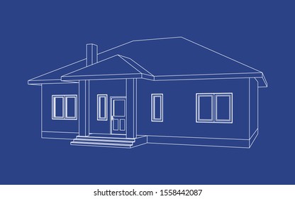 3D suburban house model. Drawing of the modern building. Cottage project on blue background. Interesting vector blueprint.
