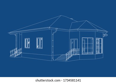 3D Vorstadtwohnmodell. Zeichnung des modernen Gebäudes. Cottage Projekt auf blauem Hintergrund. Interessantes Vektormodell.
