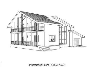 3D Vorstadtmodell. Zeichnung des modernen Gebäudes. Landhaus-Projekt auf weißem Hintergrund. Interessanter Vektorplan.
