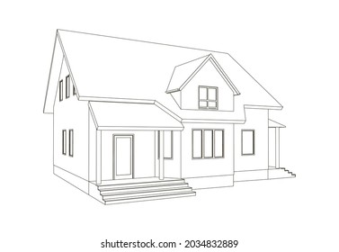 3D suburban house model. Drawing of the modern building. Cottage project on white background. Vector blueprint.