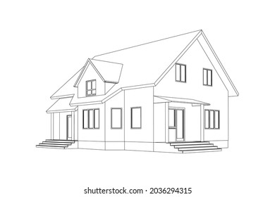 3D suburban house model. Drawing of the modern building. Cottage project on white background. Vector blueprint.