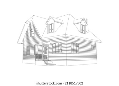 3D Vorstadtmodell. Zeichnung des modernen Gebäudes. Landhaus-Projekt auf weißem Hintergrund. Vektorplan.