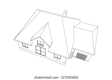 3D Suburban House Model. Drawing Of The Modern Building. Cottage Project On White Background. Vector Blueprint.