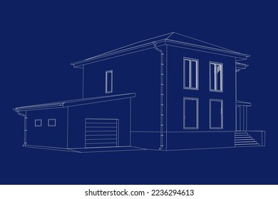3D suburban house model. Drawing of the modern building. Cottage project on blue background. Interesting vector blueprint.