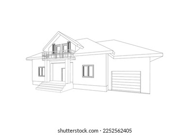 Modelo de casa suburbana 3D. El diseño del edificio moderno. Proyecto de cabaña sobre fondo blanco. Diseño de vectores.